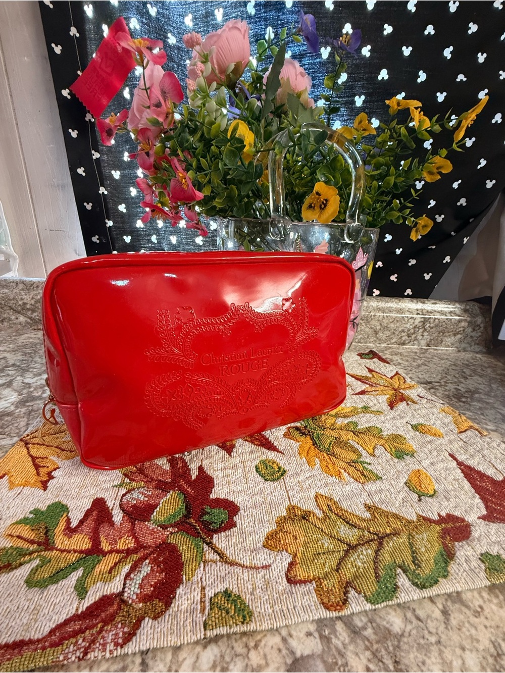 Christian Lacroix Red Patent Cosmetic Pouch with Embossed Logo